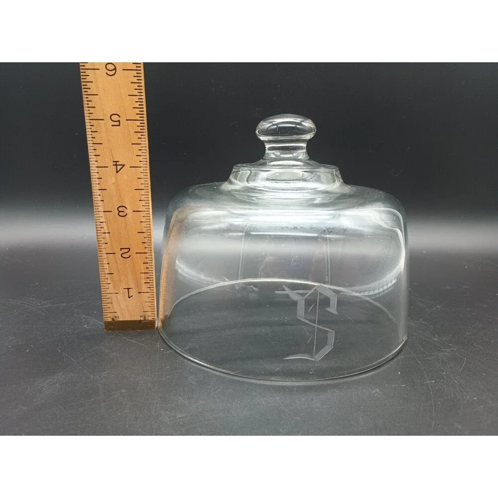 Vintage Engraved Initial S Clear Glass Cheese Dome Cover Handle Cloche 6.5”
